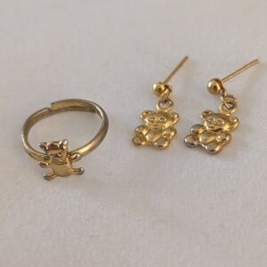 Child's Adjustable Teddy Bear Ring and Earring Set